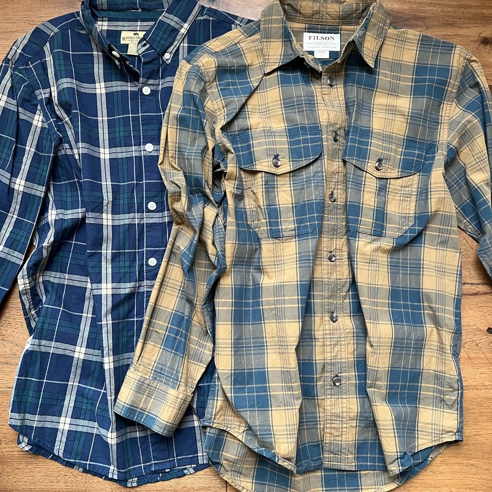 Lot of Two Shirts. Filson Men's Tan/ Blue Plaid Buffalo Jackson Navy/Green Plaid